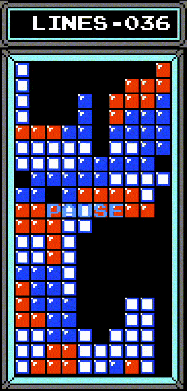 Animation of top three rows being cleared. The line-clear animation starts at row 1, rather than row 0, where it should start. After the line-clear animation, everything on the playfield shifts down by one row, so the bottom row disappears, and the game incorrectly registers a Tetris (4-line clear).