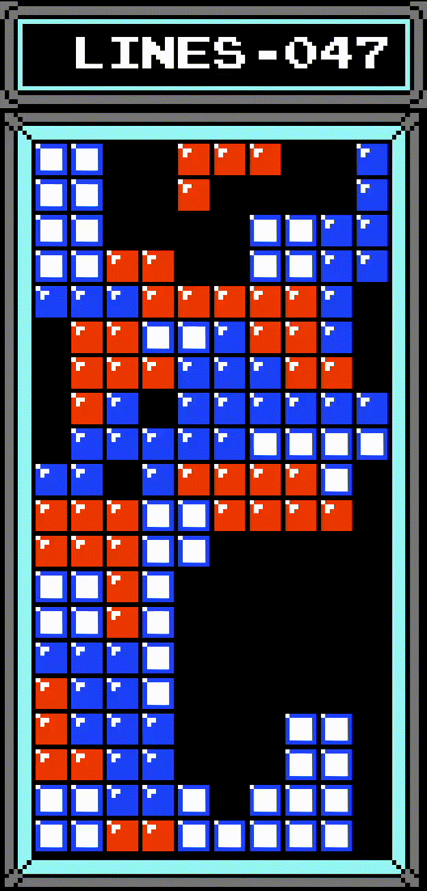 A Tetris is scored at the very top of the board, leaving one uncleared line behind, which is then cleared by laying a "J" piece flat.