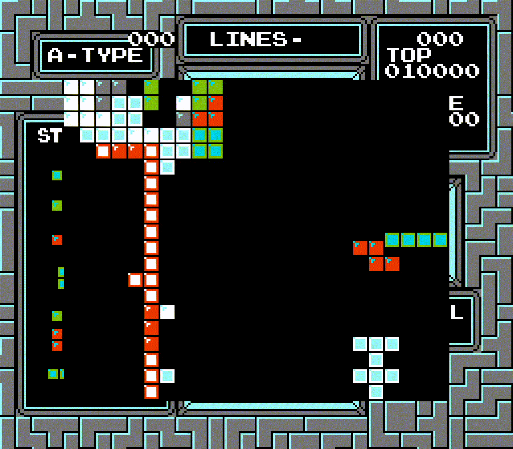 Player 1 clears the very top row, which results in some tiles overflowing onto the top row of player 2's board. The tiles disappear soon after.