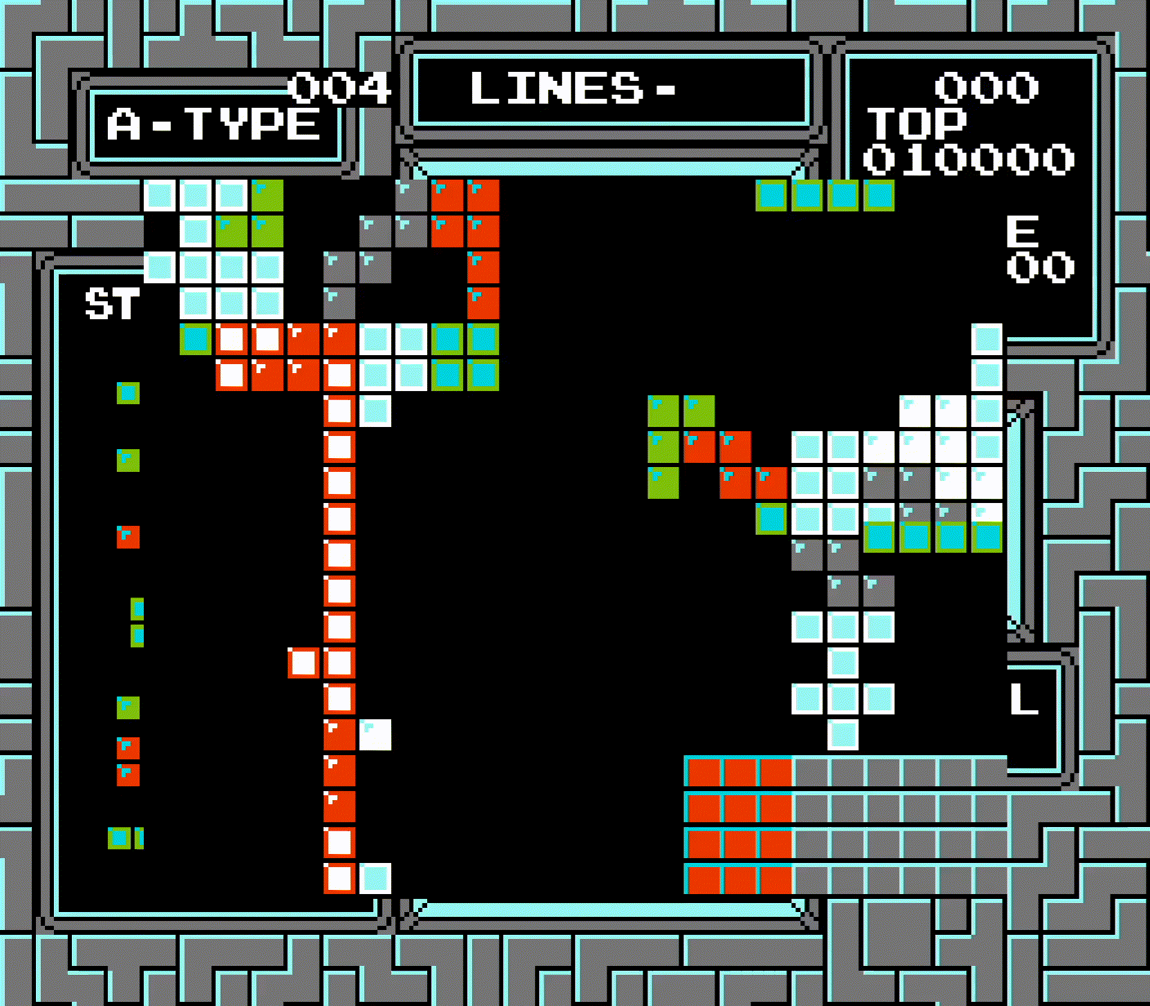 Player 1 clears the very top row, which results in some tiles overflowing onto the top row of player 2's board. This time, player 2 clears a row before the tiles appear, causing them to first appear on the 1st row (second row down) of player 2's board, then quickly get pushed up to the very top.